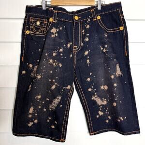 TRUE RELIGION Billy T Flap Pocket Denim Shorts Bleach Splatter Size 42 NWT